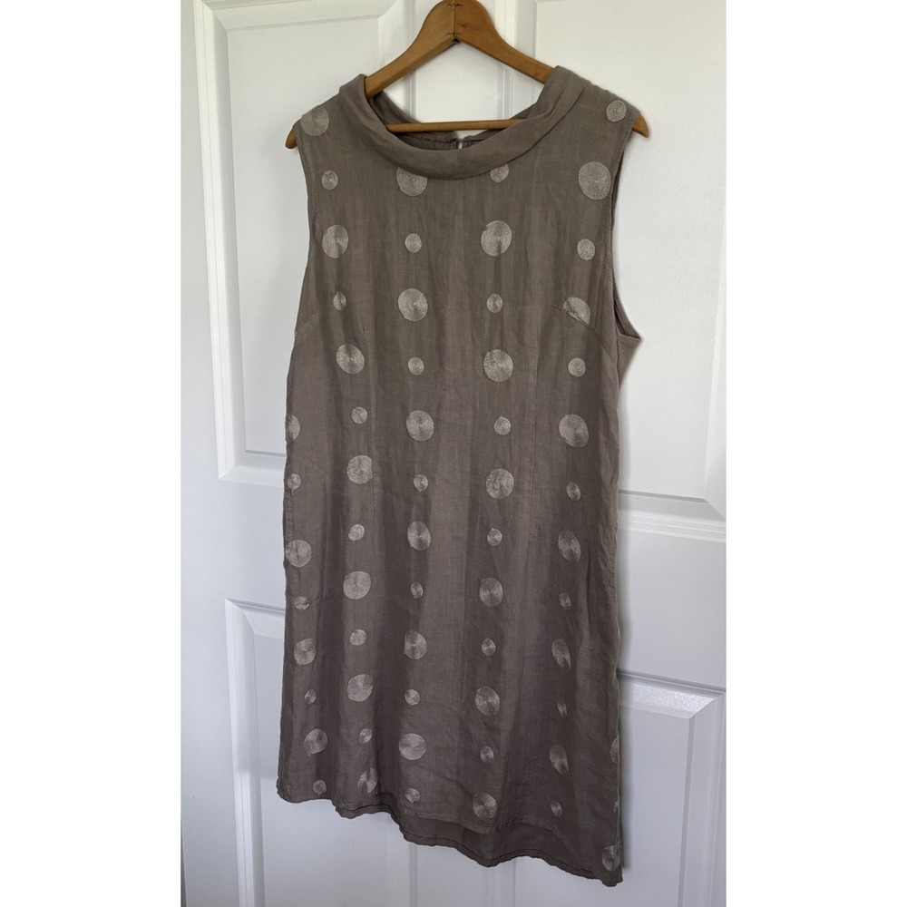 Lina Tomei Linen Shift Dress L Taupe Polka Dot Pockets Italy Lagenlook 0781